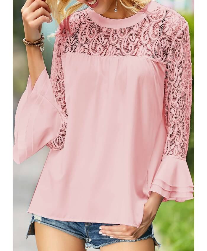 Flare Sleeve Lace Panel Round Neck Pink Blouse